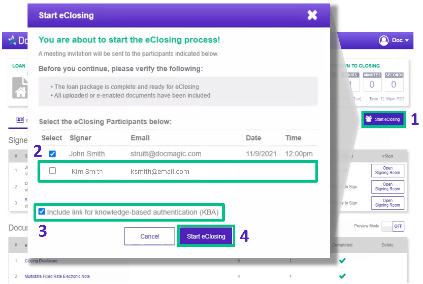 Screenshot of Notary eClose Console Start eClose Control Panel