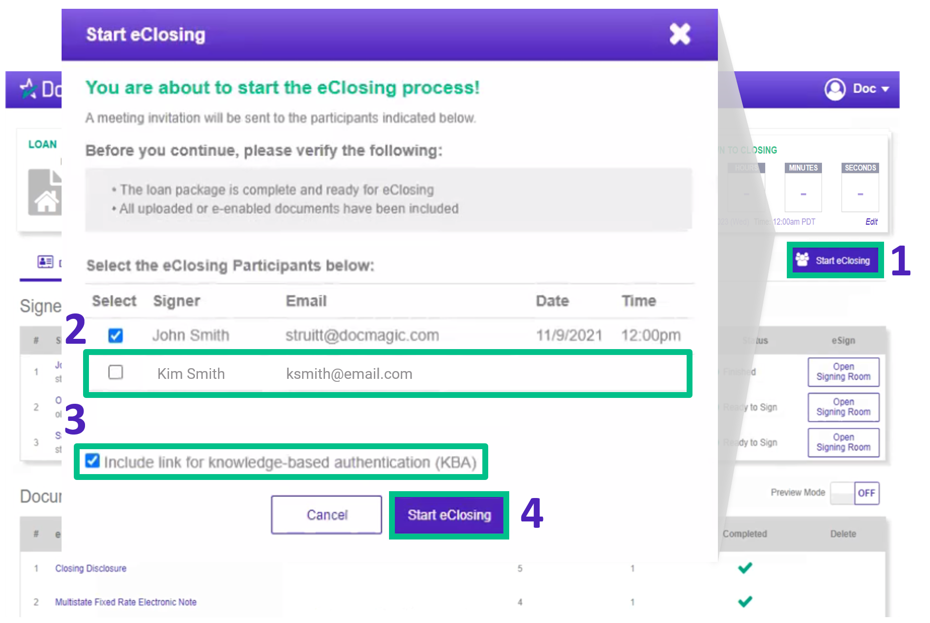 Screenshot of Notary eClose Console Start eClose Control Panel