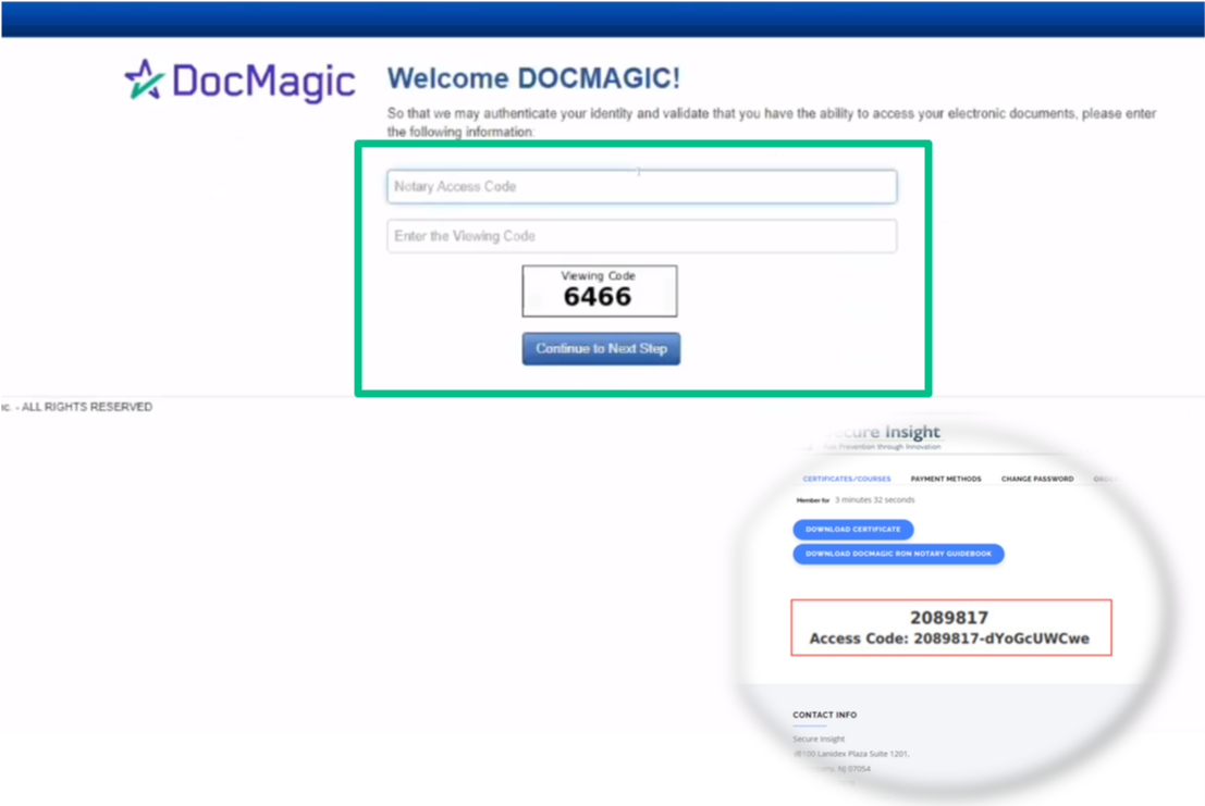 Screenshot of Notary Access Code