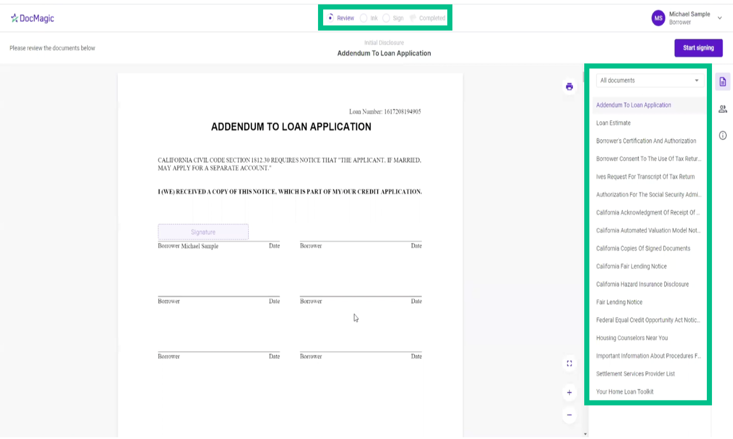 Screenshot of the Borrowers eSign Experience