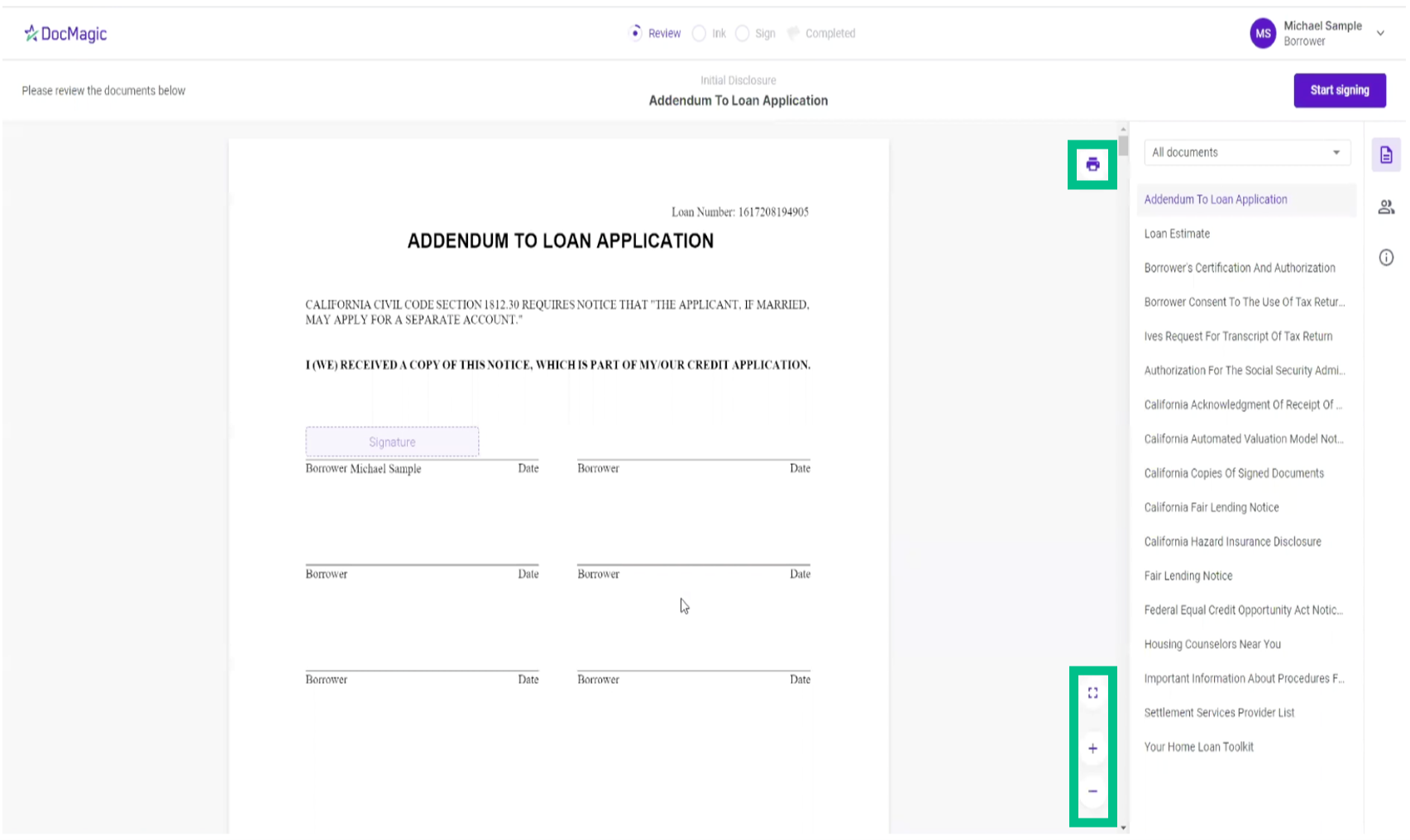 Screenshot of the eSign page