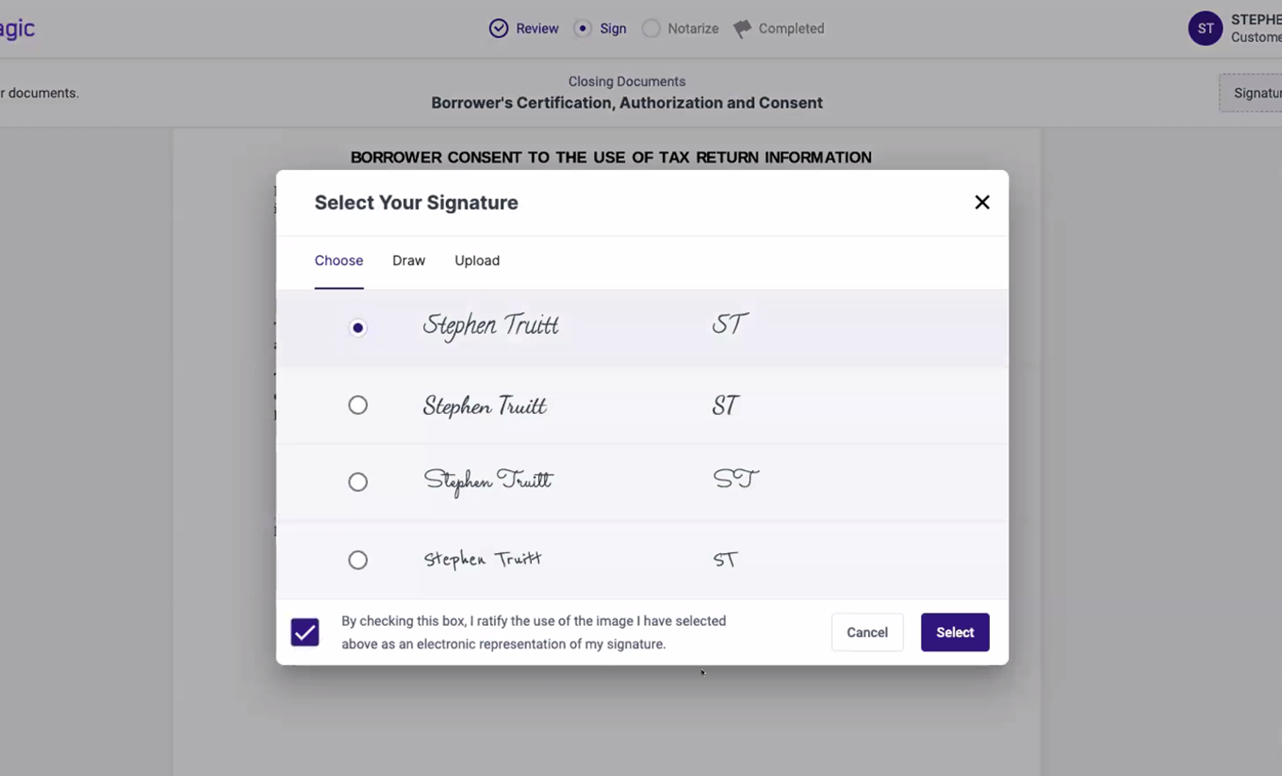 select a signature