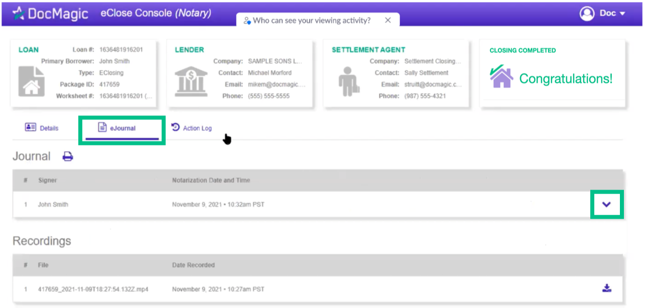 Screenshot of the eClose Console Notary eJournal