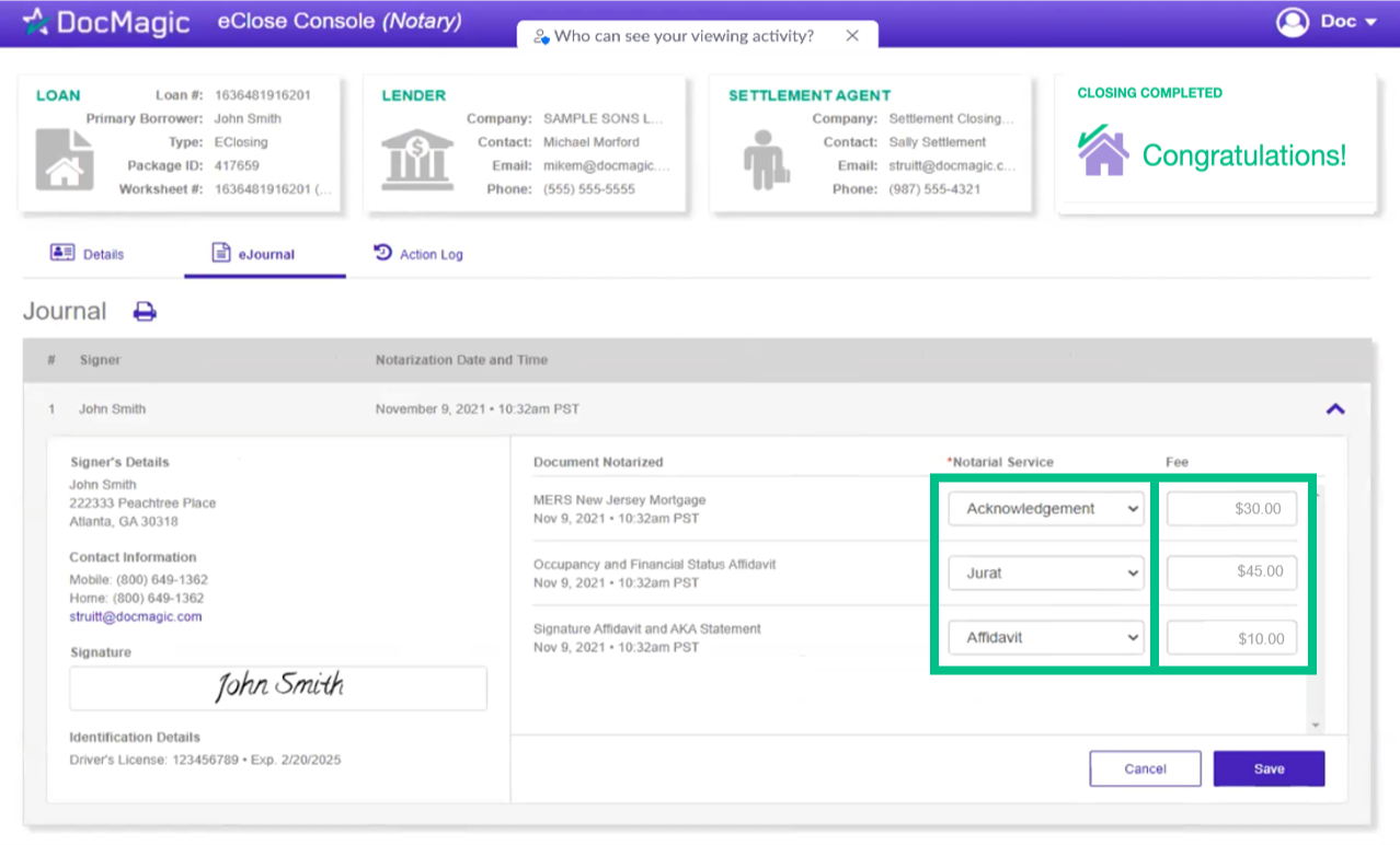 Screenshot of the eClose Console Notary eJournal