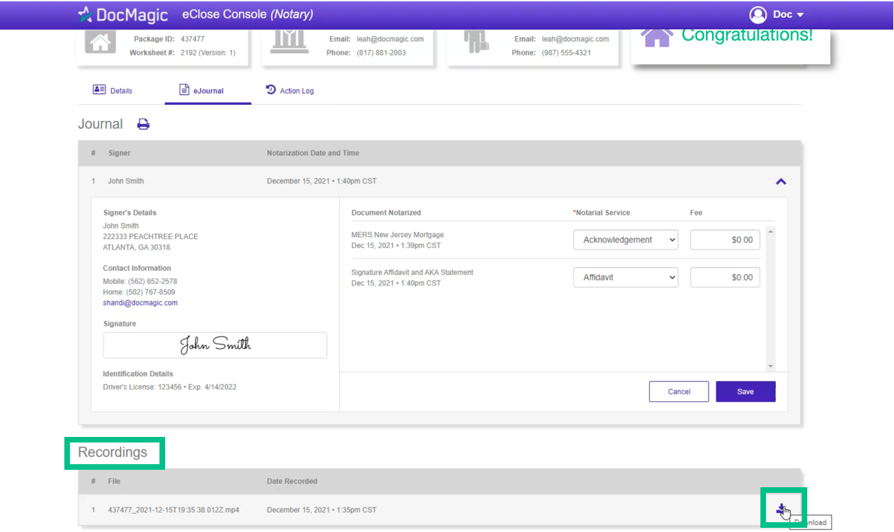 Screenshot of the eClose Console Notary eJournal