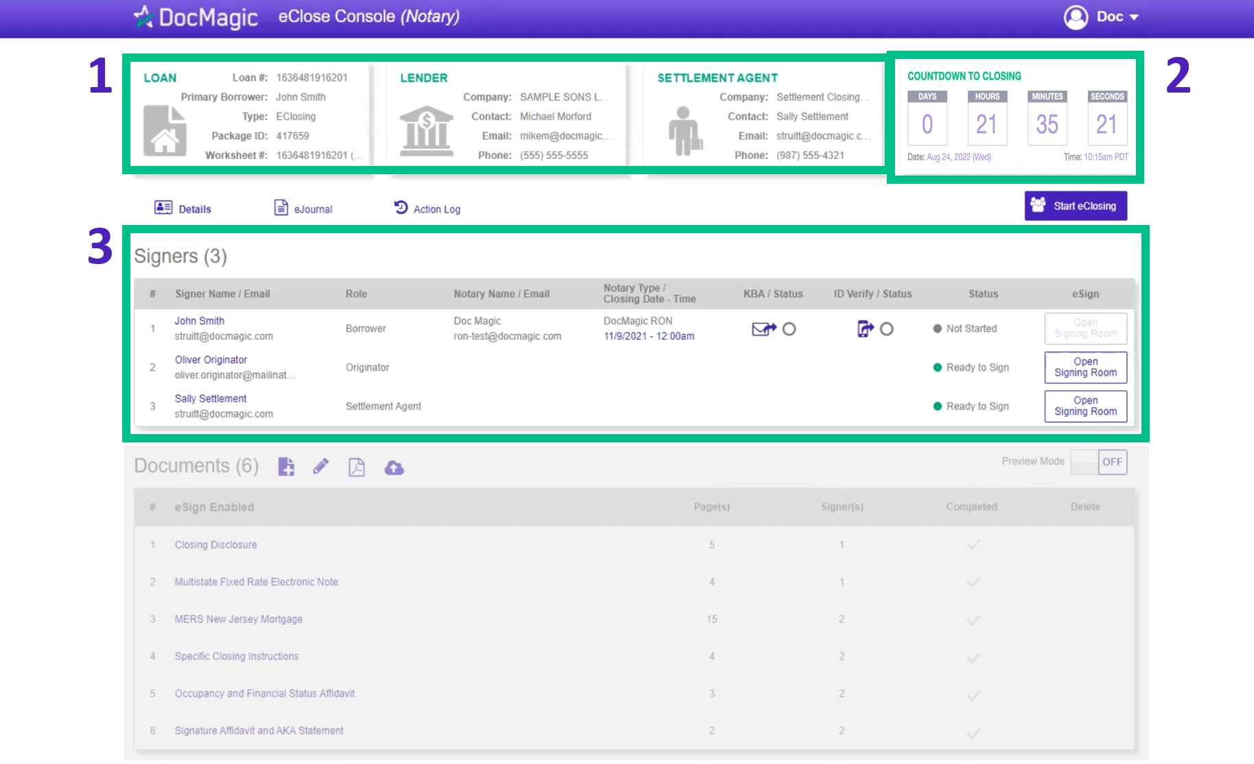 Screenshot of the Notary eClose Console 1 2 3