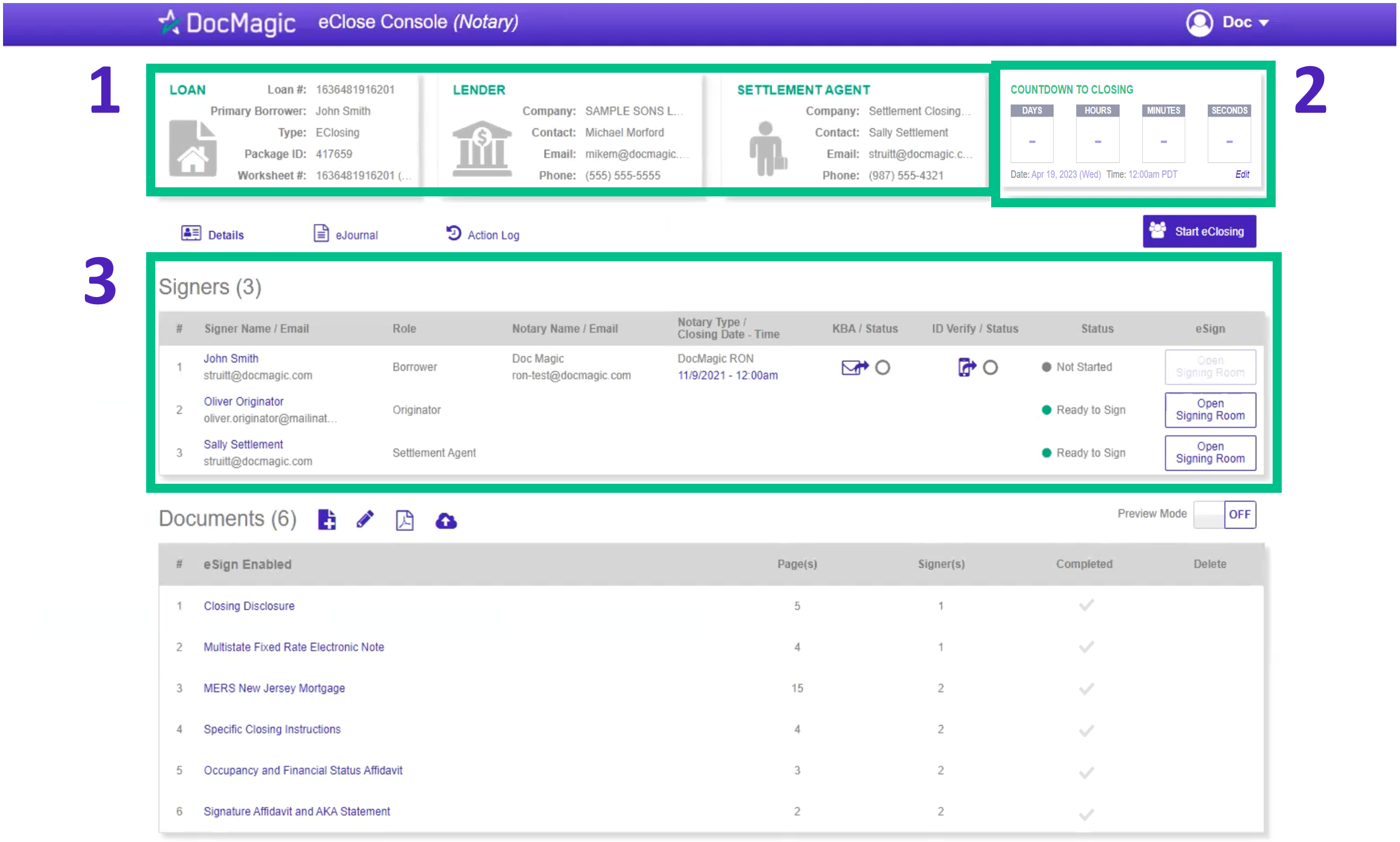 Screenshot of the Notary eClose Console 1 2 3