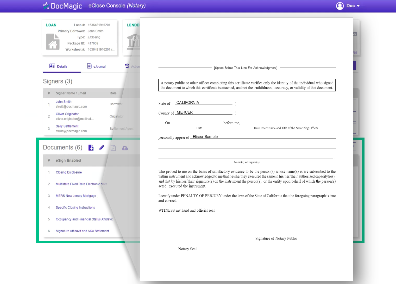 Screenshot of the Notary eClose Console Documents