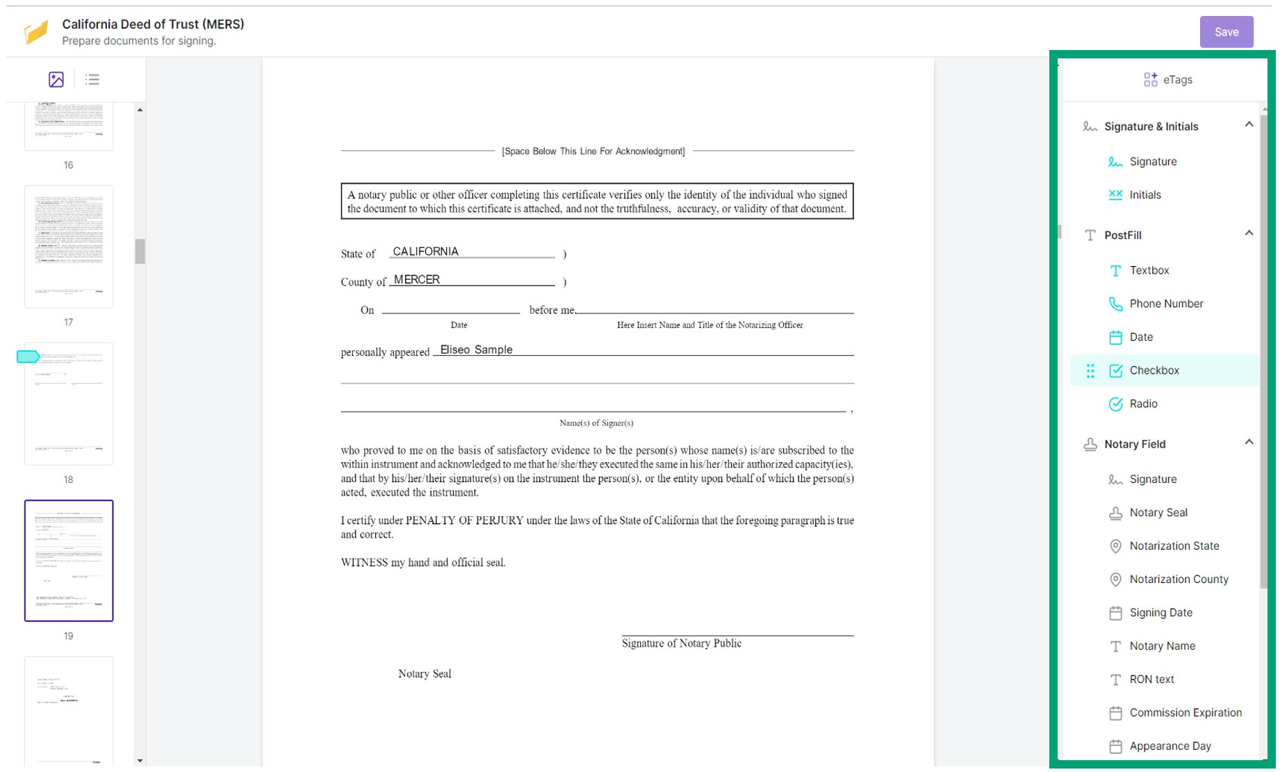 Screenshot of the RON Add eSignature Tags