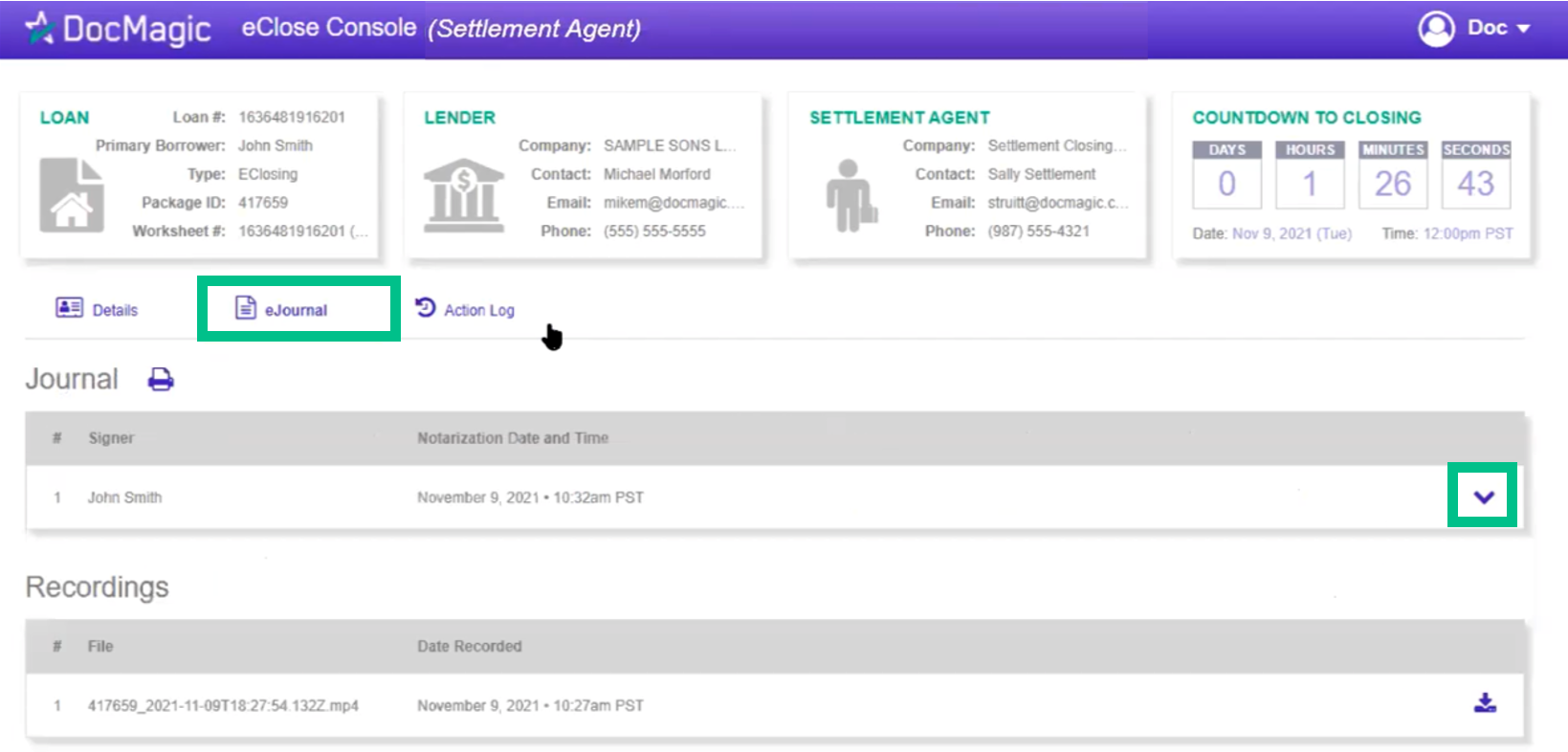 Screenshot of the Settlement Agent Portal eJournal