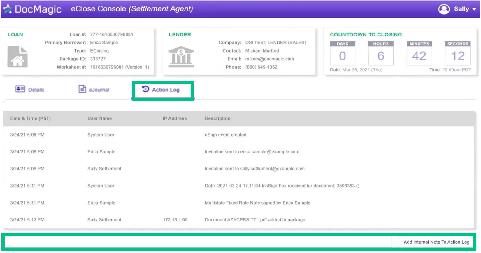 Screenshot of the Settlement Agent Portal Action Log