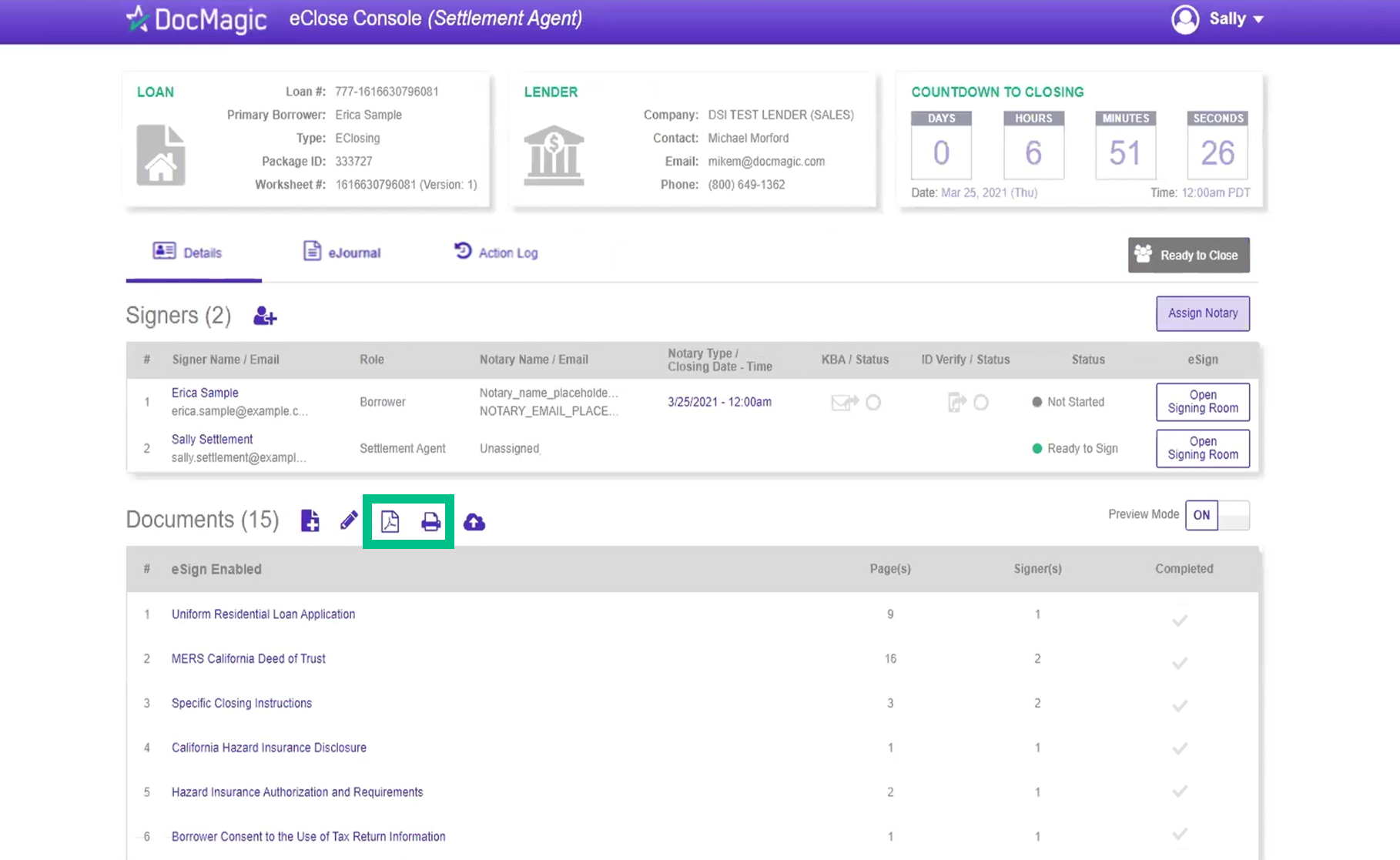 Screenshot of the Settlement Agent Portal Print and PDF Icons