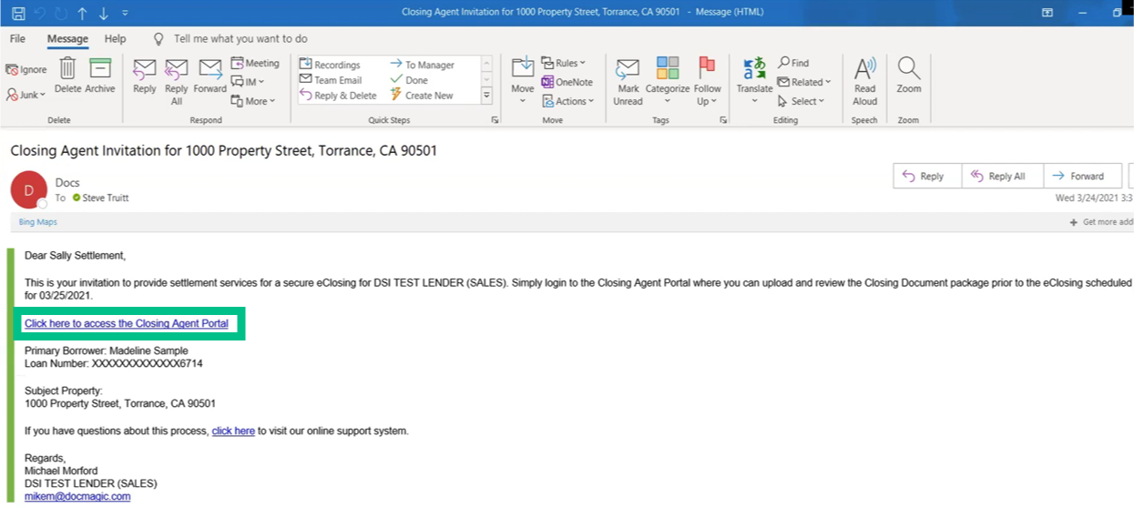 Screenshot of the Settlement Agent Email