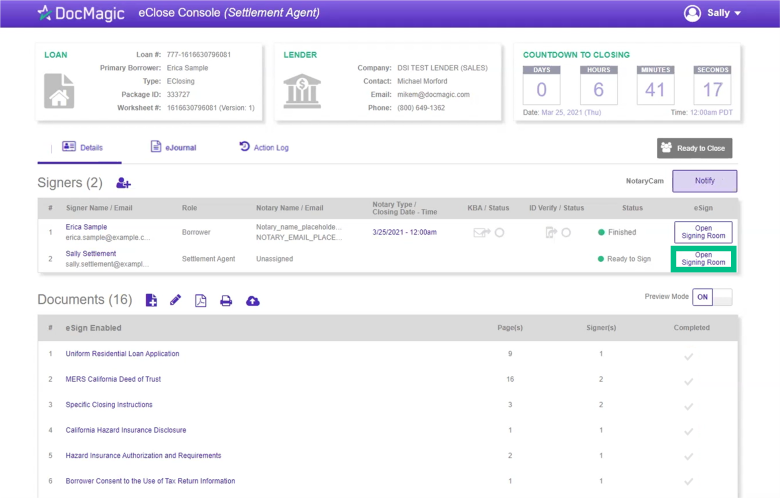 Screenshot of the Settlement Agent Portal Open Signing Room