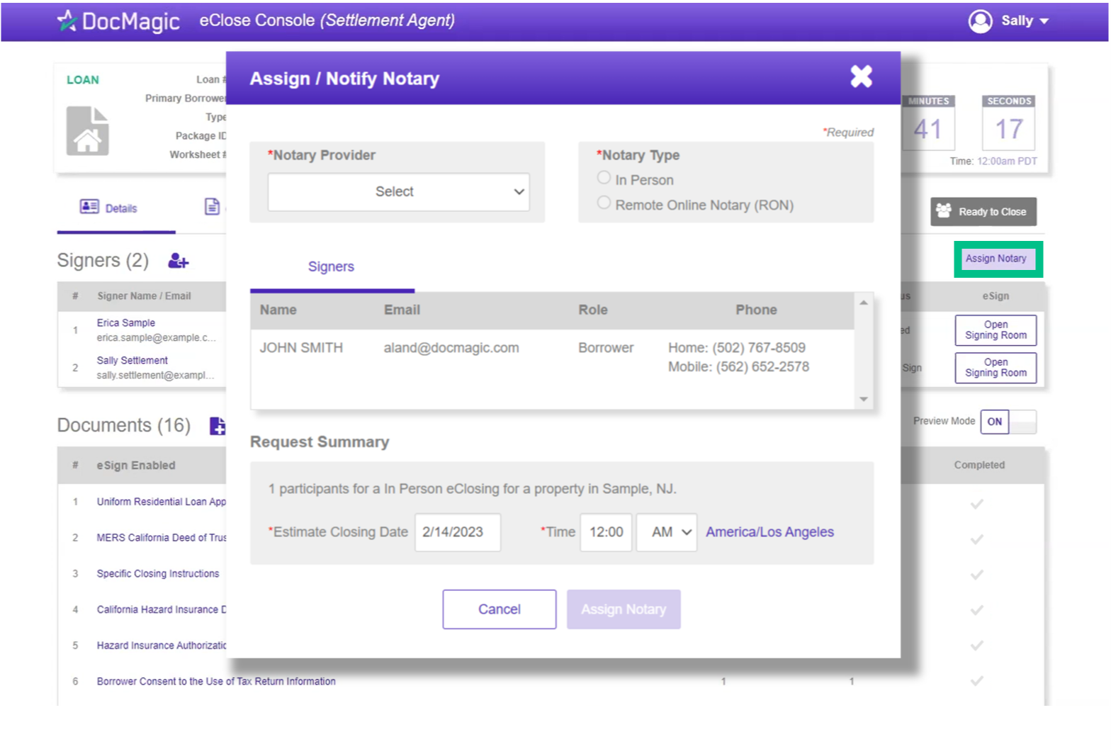 Screenshot of the eClose Console - Assign Notary