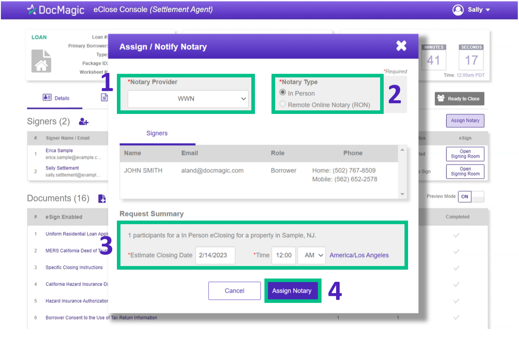 Screenshot of the eClose Console - Assign Notary