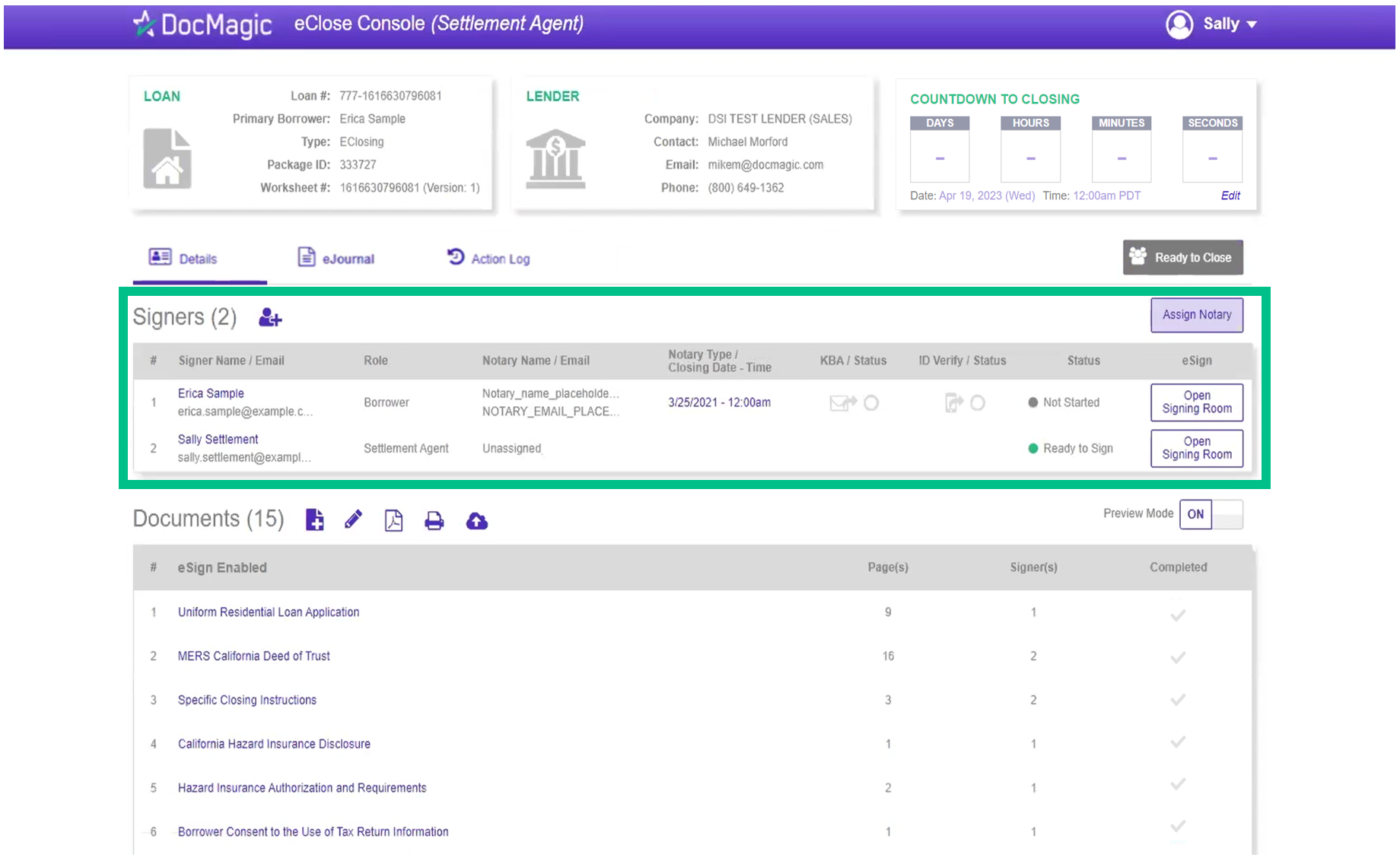 Screenshot of the Settlement Agent Portal Signers Tab