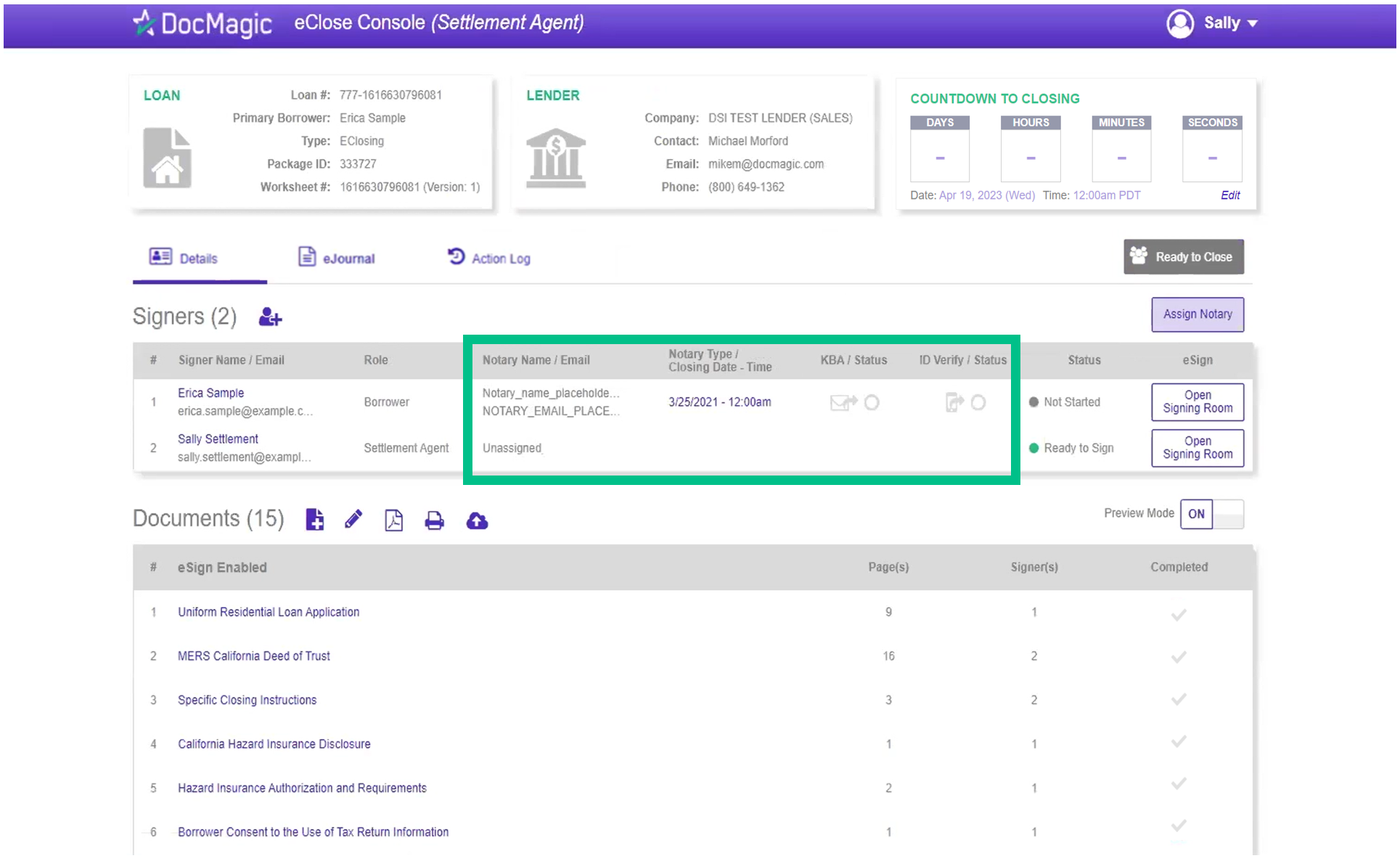 Screenshot of the Settlement Agent Portal Signers Tab Notary