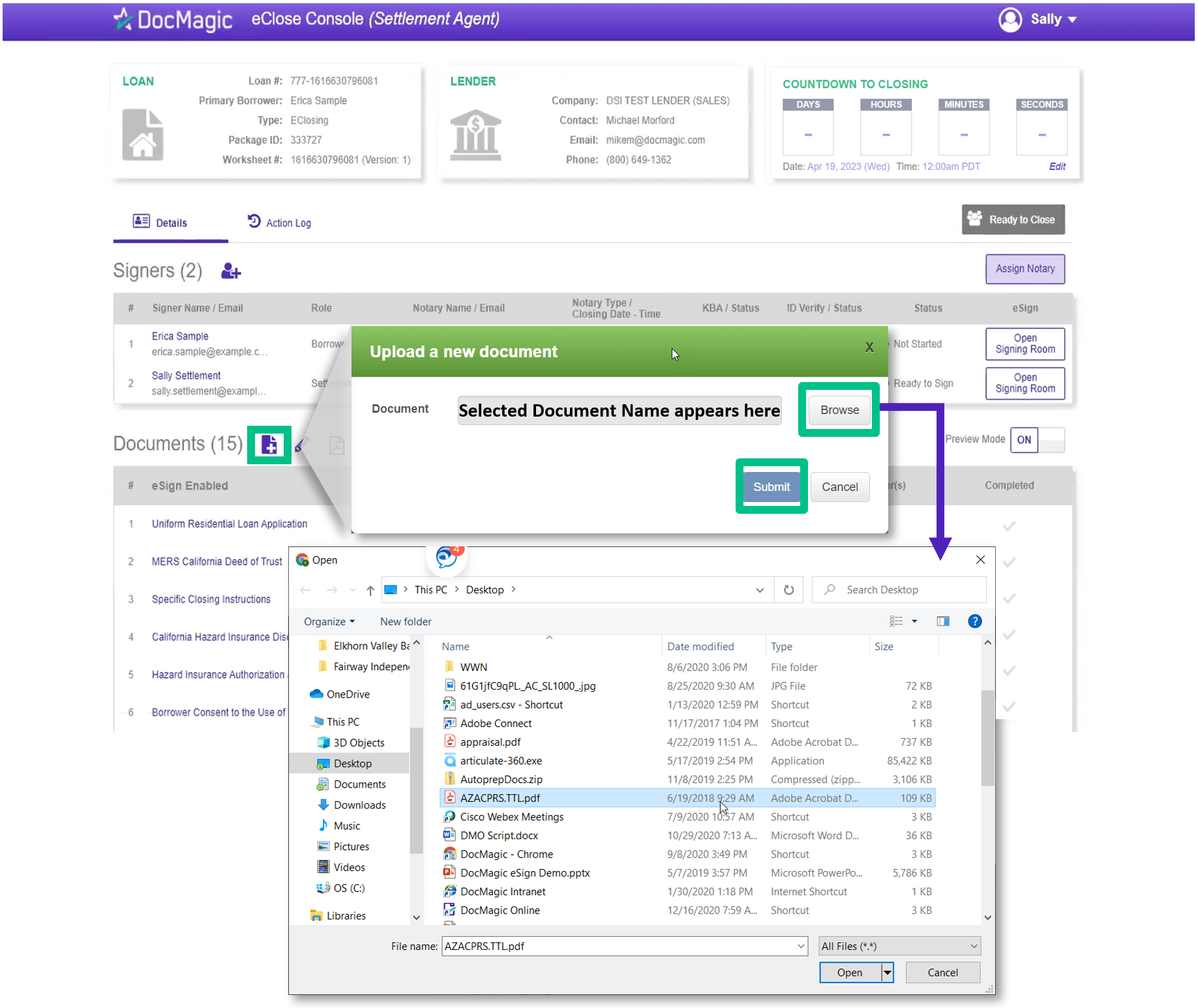 Screenshot of the Settlement Agent Portal Add Document