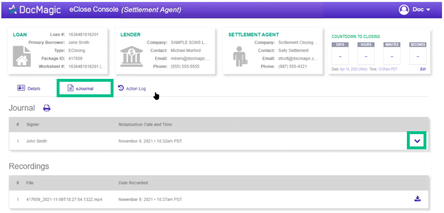 Screenshot of the Settlement Agent Portal eJournal