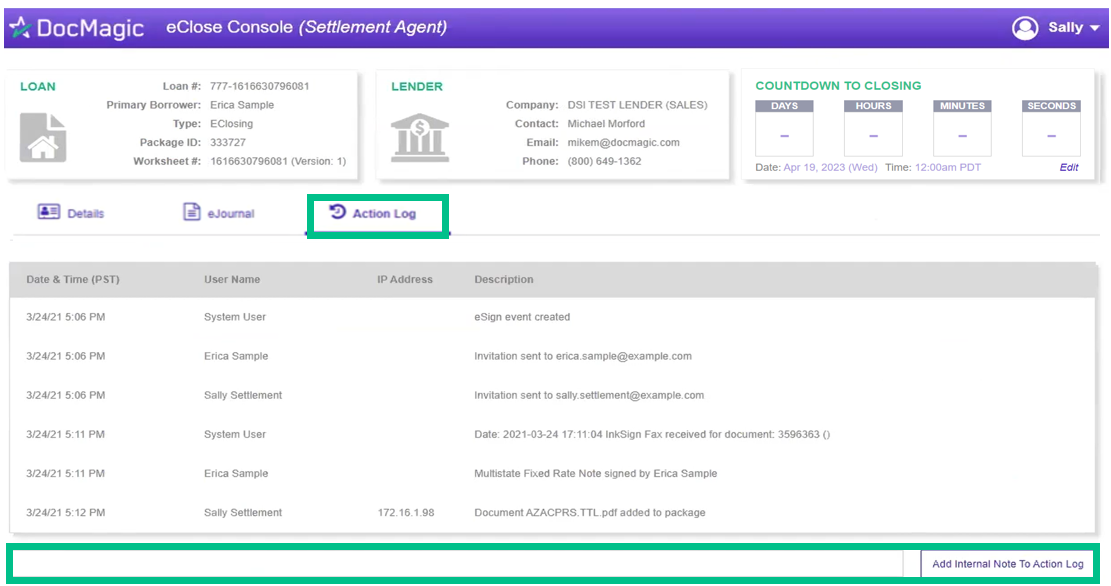 Screenshot of the Settlement Agent Portal Action Log