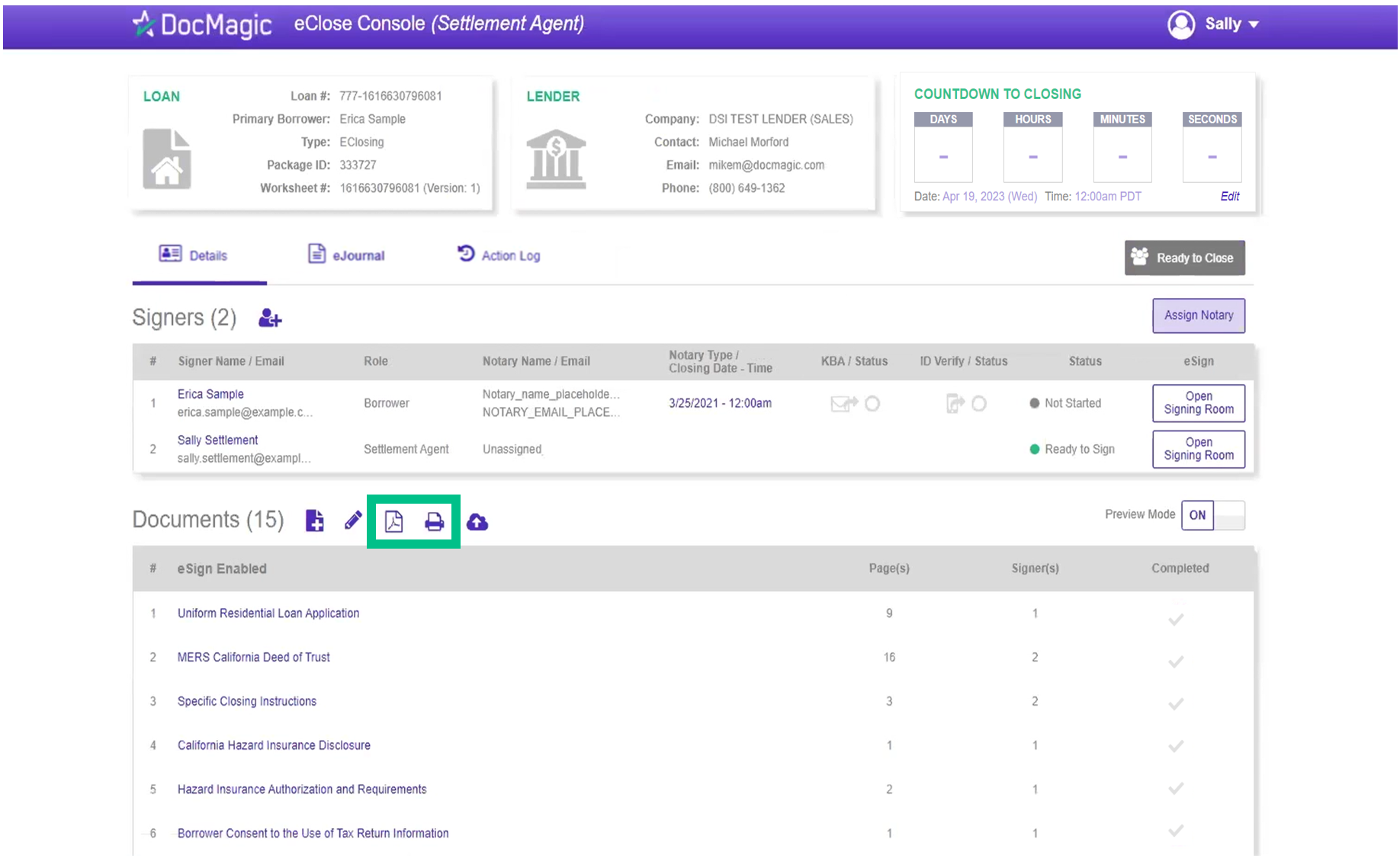 Screenshot of the Settlement Agent Portal Print and PDF Icons