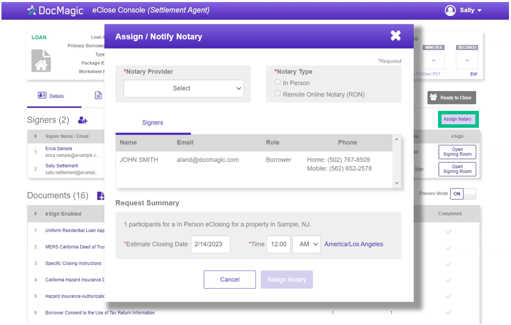 Screenshot of the eClose Console - Assign Notary