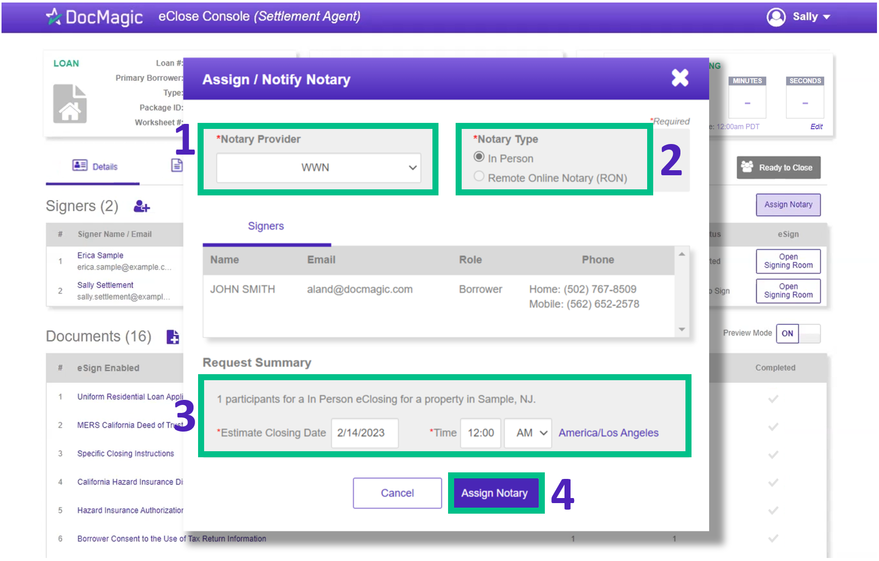 Screenshot of the eClose Console - Assign Notary