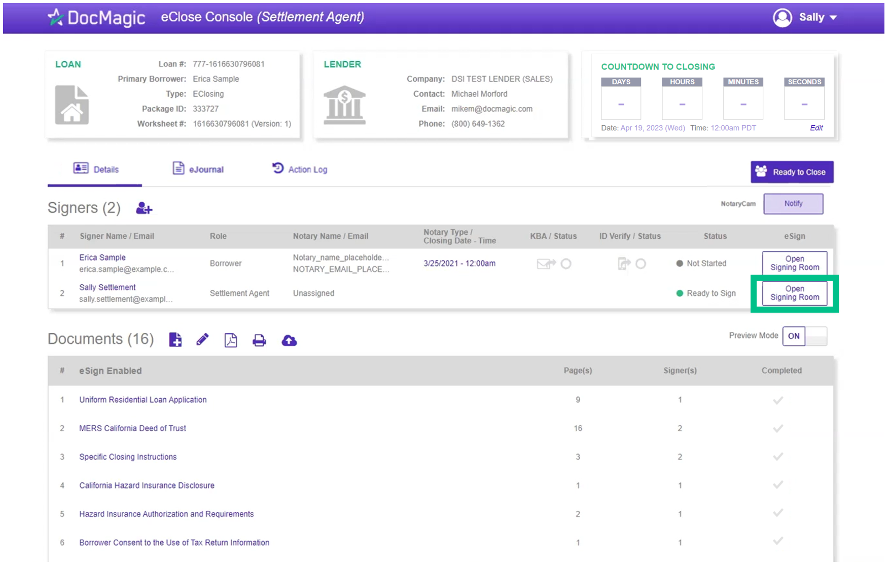 Screenshot of the Settlement Agent Portal Open Signing Room