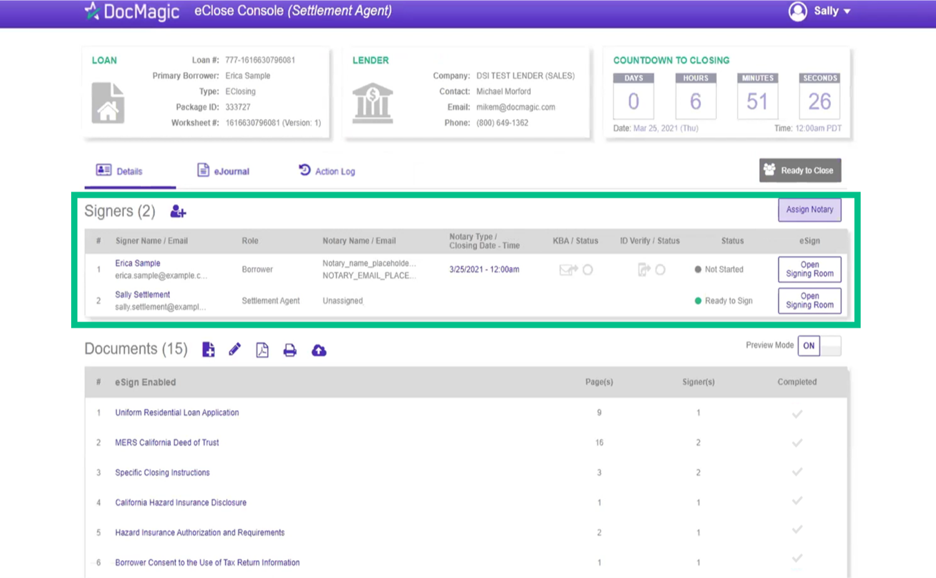 Screenshot of the Settlement Agent Portal Signers Tab