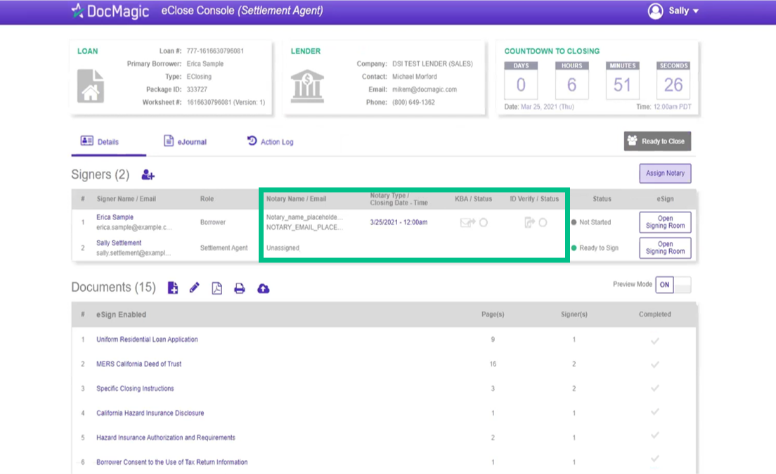 Screenshot of the Settlement Agent Portal Signers Tab Notary