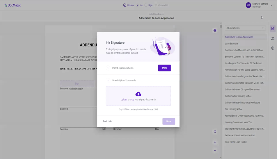 Screenshot of the Ink Sign Page