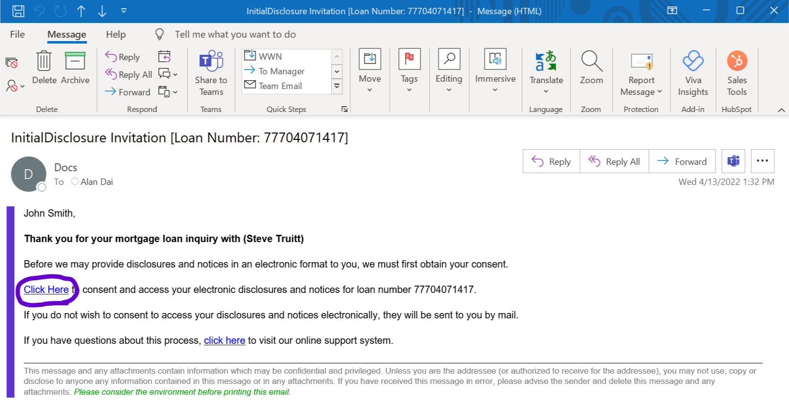 Screenshot of invitation e-mail