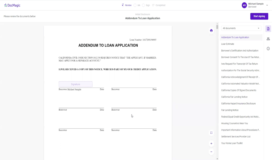 Screenshot of the eSign page