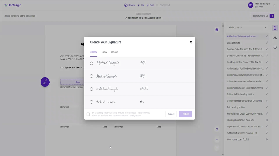 Screenshot of the Choose Your Signature page