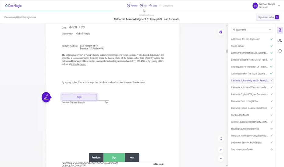 Screenshot of the eSign page