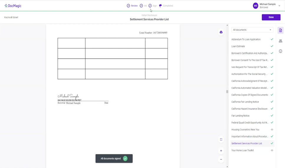 Screenshot of the completed eSign page