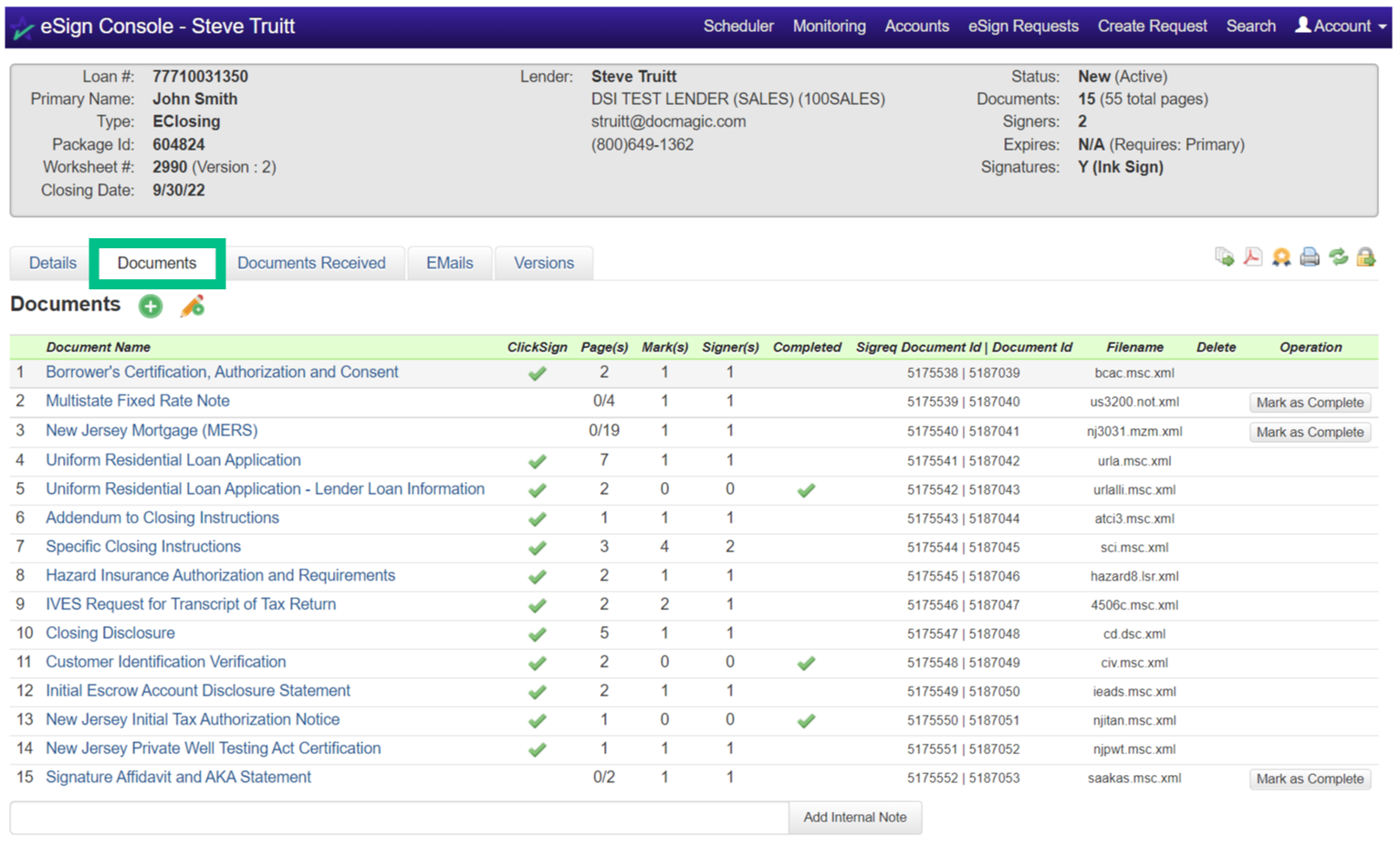 Screenshot of the eSign Console - Documents