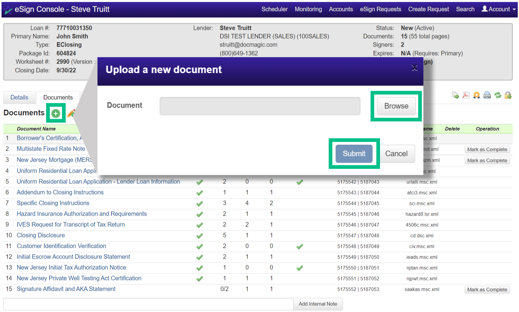 Screenshot of the eSign Console - Documents Add Document