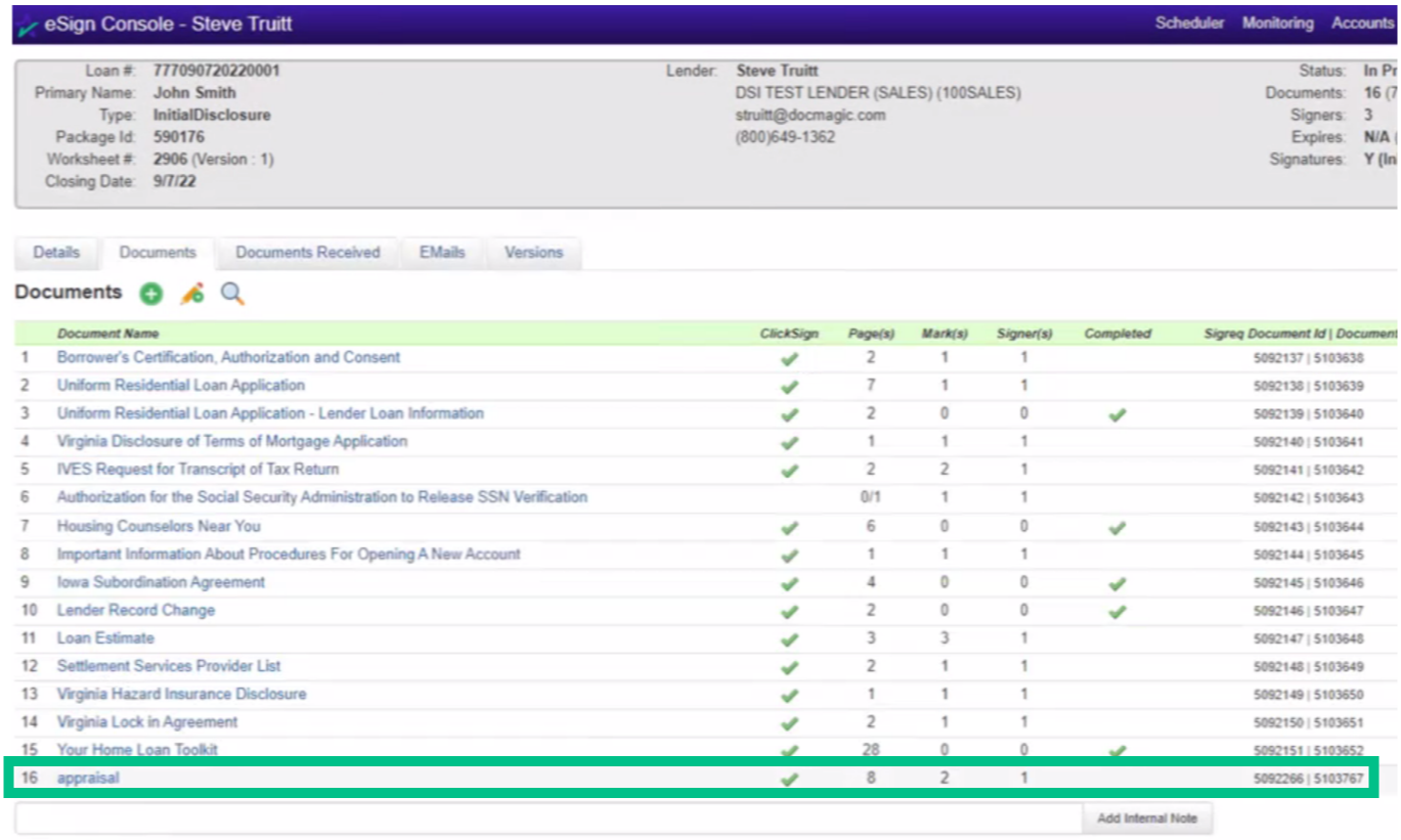 Screenshot of the eSign Console - Documents