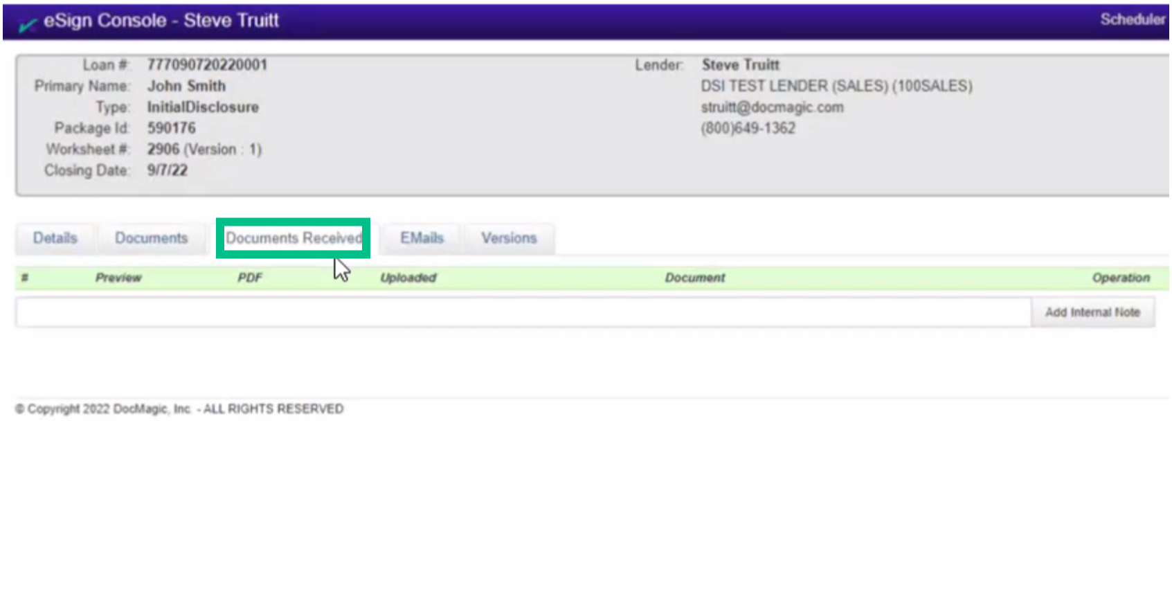 Screenshot of the eSign Console - Documents Received