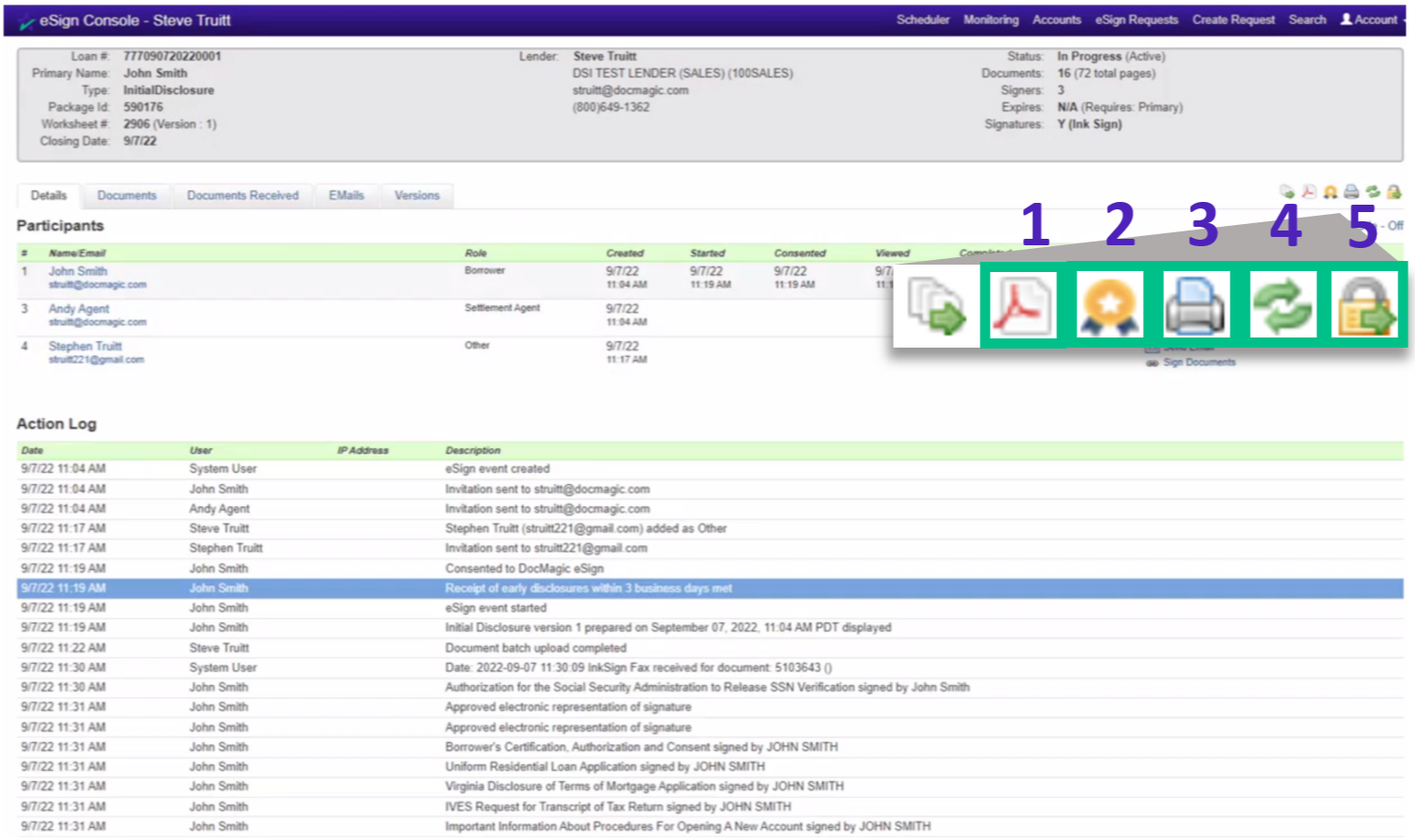 Screenshot of the eSign Console - Details Tab Icons