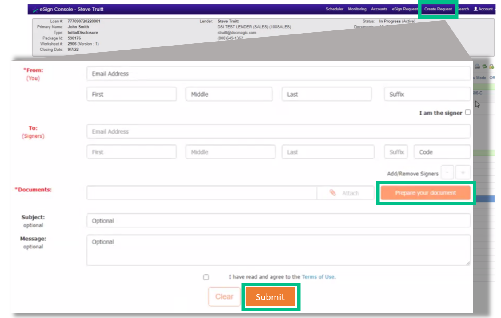 Screenshot of the eSign Console - Create Request